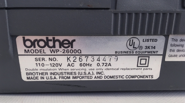 Brother  "WP-2600Q" serial number location...