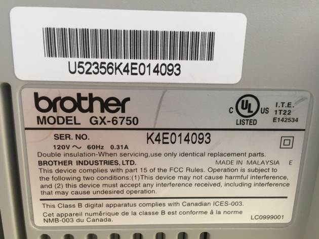 Brother model "GX-6750" serial number location...
