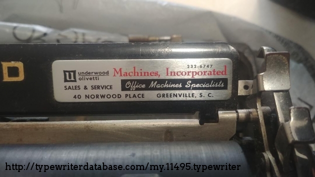 Typewriter servicing company in South Carolina which may have refurbished the machine at one time