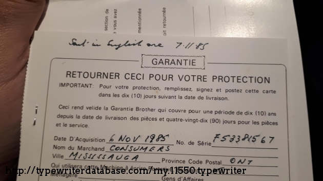 These kinds of documents must be printed in English and French in Canada. This typewriter was sold by Consumers Distributing, a now defunct catalogue store, in Mississauga, a suburb (or city, depending on how you look at it) just outside the Toronto city limits, where very few people speak French. Far more people speak Punjabi, Urdu, Farsi, Mandarin and other languages, but for some reason the retailer filled out the French side of the warranty.