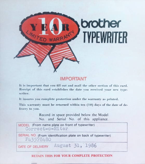 Brother "Correct-o-Riter" 10 year warranty card.