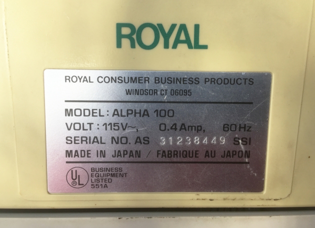 Royal "Alpha 100" serial number location...
