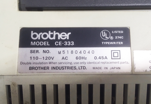 Brother CE-333 serial number location...