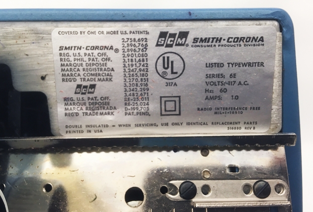 Smith-Corona "Coronet Electric 12" info tag...