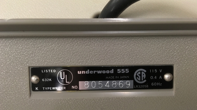 Underwood "Electric 555" serial number location...