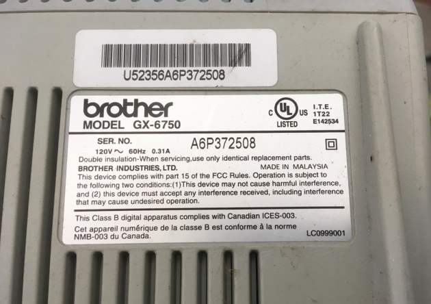 Brother "GX-6750" serial number location...