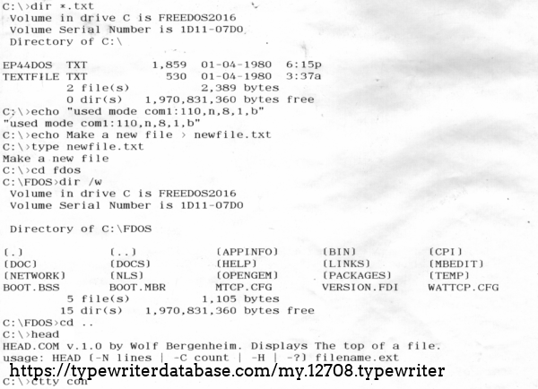 The DOS session as seen on the EP-44 (thermal fax roll)