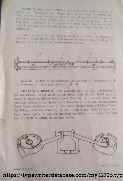 Original Underwood instructions back cover - tabulator and ribbon changing