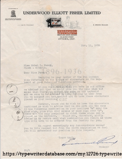 Original letter November 11, 1936 from  Underwood Elliott Fisher Limited to Miss Mabel Pacey concerning key changes requested.  Written on 40th anniversary letterhead