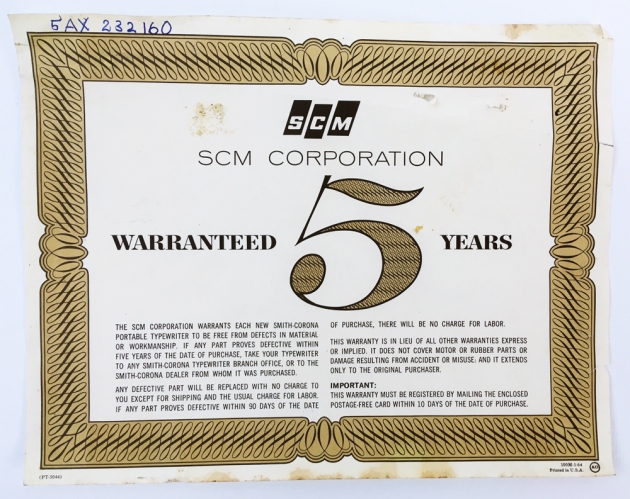 Smith Corona "Sterling"  Guarantee certificate...