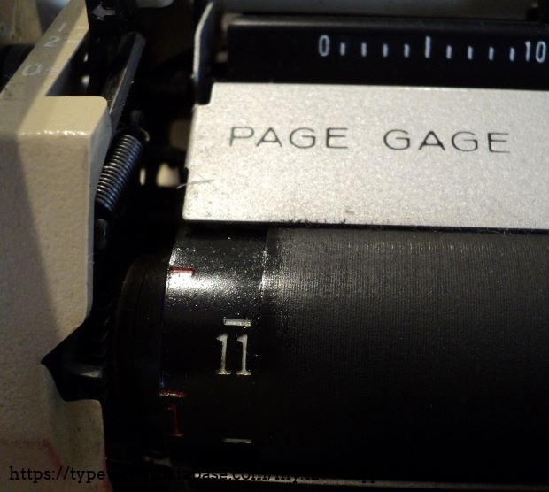 PAGE GAGE feature helps keep bottom margins uniform by measuring the distance remaining at the bottom of the type sheet. Using the gauge requires you to turn the platen until the number indicating the length of the paper shows on the gauge under SET. As you approach the end of the paper, the number under END indicates the number of inches remaining for the bottom margin.