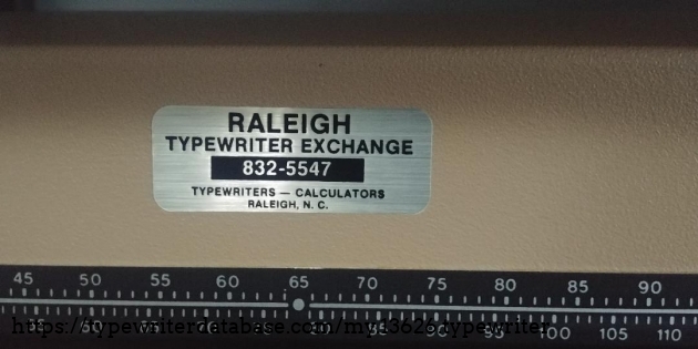 Servicing label: Raleigh Typewriter Exchange, Raleigh NC.  Was located at 204 W. Peace Street in Raleigh