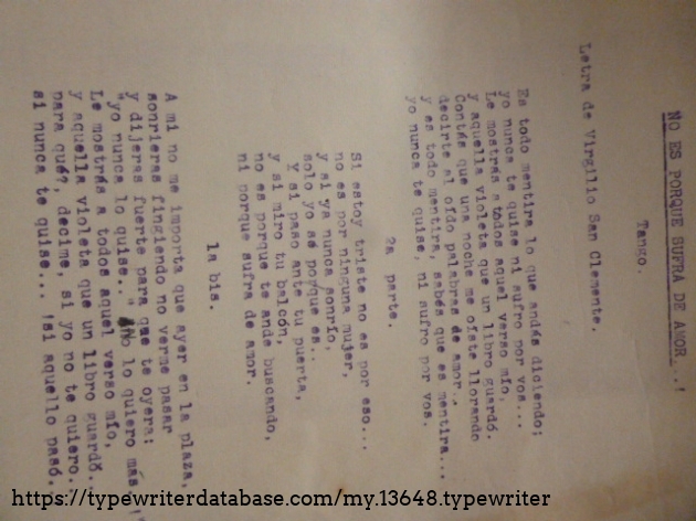 "No es porque sufra de amor" (It's not because I suffer from love), another example of a tango written by San Clemente in this typewriter.