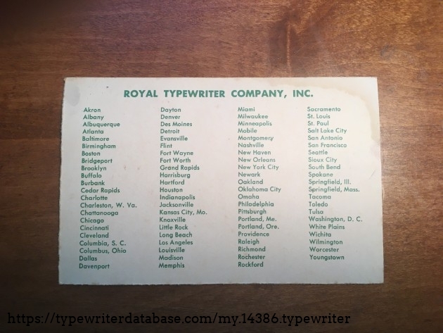 List of all Royal Typewriter shops in 1953 I suppose