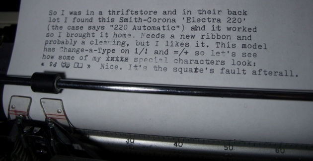 Typing a sample paragraph with a test of the genders, happy/sad faces, and square/rhombus characters. (The square doesn't work right on my CaT manual so this confirms it's the typehead that is making the top and right sides not strike solidly... the rhombus is always fine.)