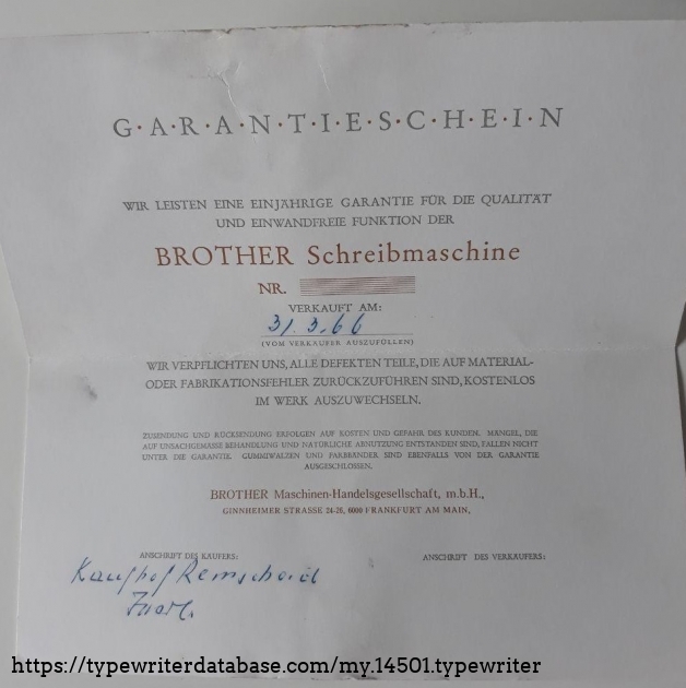 Brother De Luxe warranty card