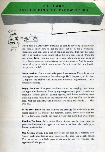 "The Care And Feeding Of Typewriters", a page found in both the How To Type book and the owner's manual.