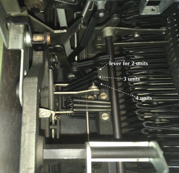 These levers are for the propotional spacing.
For example: an "i" moves the carriage 2 (micro)units, a "G" moves the carriage 4 (micro)units