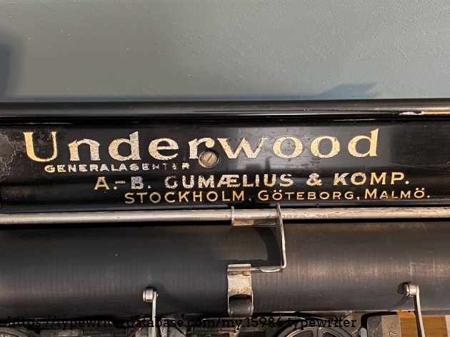 Non-original Underwood decal swapped out on time of sale for one made by the retail center 'A. -B. Gumælius & Komp'.