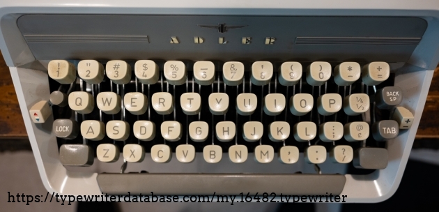 Top down keyboard view. Margin release is the circular button to the left of Q. The +/- lever on the right is for setting and clearing tabs.