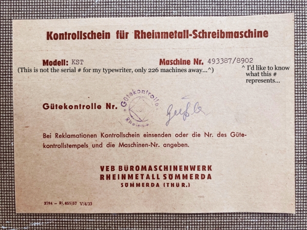 Rheinmetall "KsT" from the inspection card that doesn't belong with this typewriter...