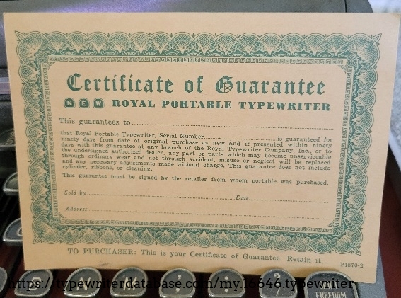 Included in case - Certificate of Guarantee.
