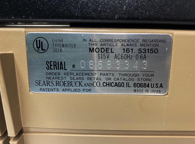 Sears "The Electric 2 / with correction" serial number location...