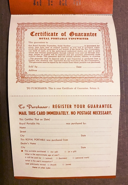 Royal "Royalite"  the intact, unused registration card, in the manual...
