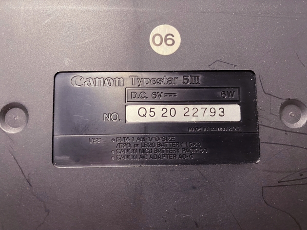 Canon "Typestar 5" serial number location......