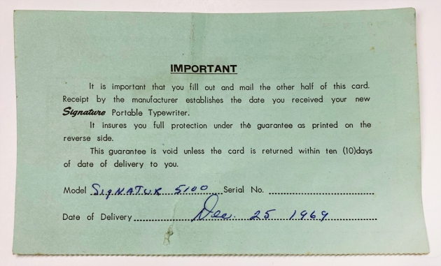 Montgomery Ward "Signature 510D"   the warrantee card, delivered on December 25 for someone's Christmas present ...