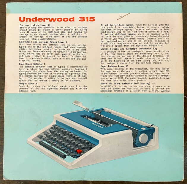Underwood "315" from the instruction card (front)...