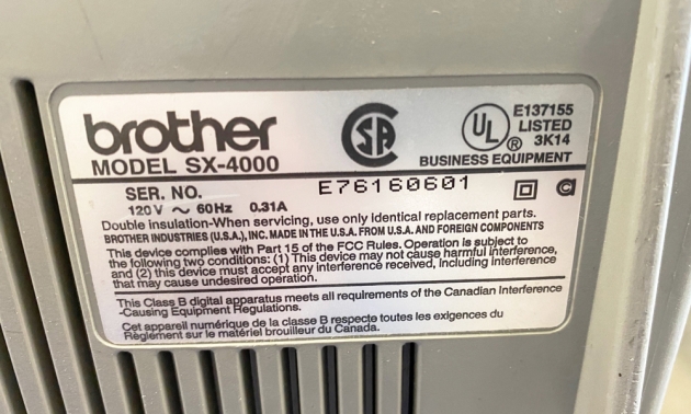 Brother "SX-4000" serial number location...