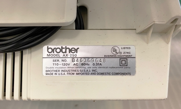 Brother "AX-250" serial number location...
