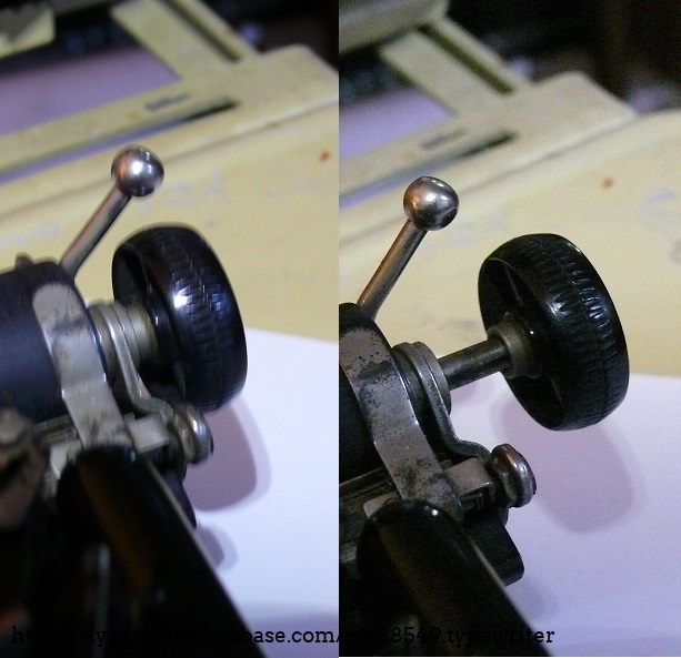 There's only one platen knob, on the right. With the knob pushed in, the return lever is disabled, and you have to advance line to line manually.  Pulled out, you can you the return lever to advance single or double spaced.