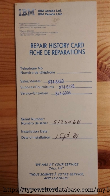 Original repair history card found in a sleeve under the bottom cover.