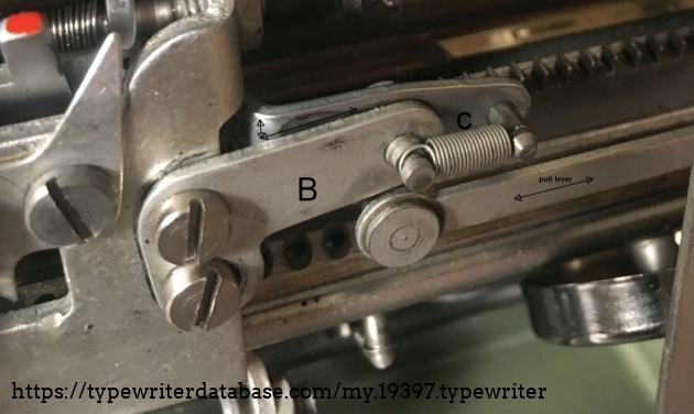 The backspace key operation
What should happen? When the typist has hit and released the backspace key, the carriage should have moved to the right by one pitch of the rack.  
There is a hook C that is activated by the pull lever. When the backspace key is pushed down, the first movement of C is to engage its hook into the teeth of the rack. 
After hooking in, move the pull lever further to the right, is to pull the carriage to the right for (more than) one pitch. During this movement of the carriage, the catch will initially move along with the carriage until it hits the stop on the bracket’s arbour. Then it will bow down, by the inclined shape of the two teeth of the rack. This shape is hard to catch on camera.
The distance that the carriage moves to the right at backspace should be more than one pitch. The hooks pivot point is on member B and it can be adjusted to have the hook just free of the rack in steady state. The pull lever is adjusted by an excentre on the pulling member. See the photo with lever a and b , a view from the top of the machine. This latter adjustment seems to work on the length of the pulling stroke.
These two adjustments are not independent of each other. You may fiddle around with them for some time.