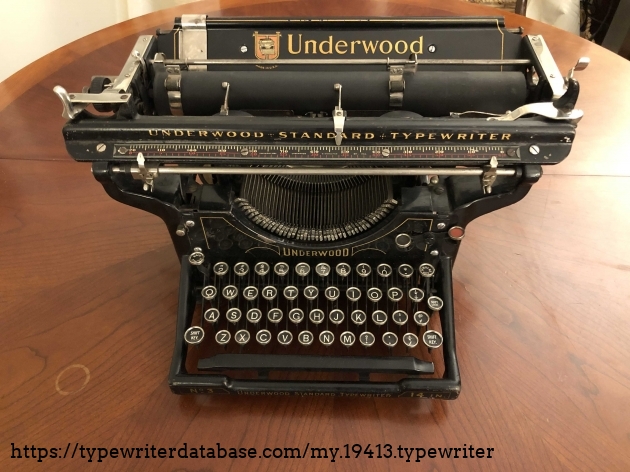 Front view of Underwood #3. All decals seem to be in good condition, and look great! Note hardware on/near platten for holding paper. They look good, but sometimes get in the way.
