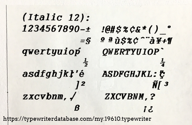 Italic 12 type face. Note alternate keyboard symbols.