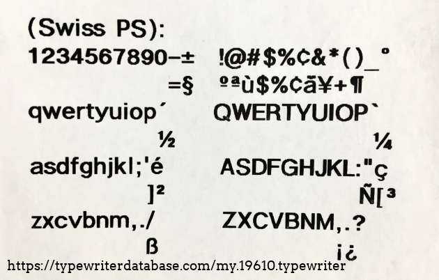 Swiss PS type face.  Note alternate keyboard symbols.