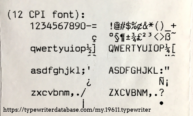 Sharp PA-1050 12 CPI type face. Note alternate keyboard symbols.