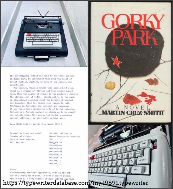 A sample from  the novel, Gorky Park, typed on the Lettera 36.
