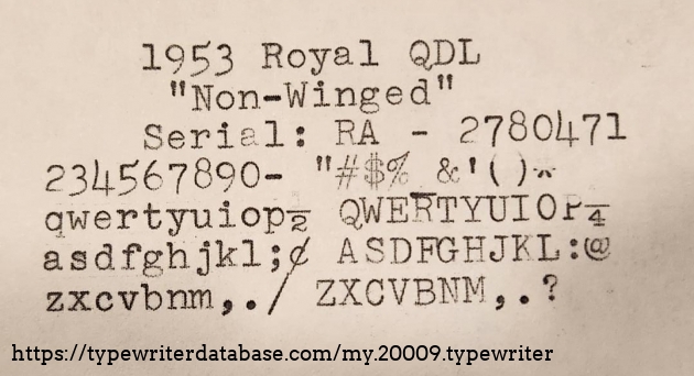 1953 Royal QDL Non-winged pica type font view