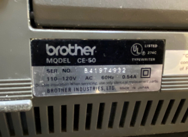 Brother "Correctronic 50" serial number location...