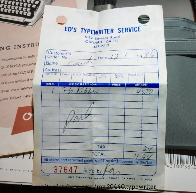 Cost of ribbon in 1986. $4 + $0.25 tax! Transaction facilitated by Ron at Ed's Typewriter Service.