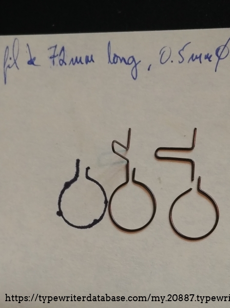 I used 0.5 mm blued tempered steel wire by 72 mm long to make a replacement silent return spring.   My drawing of the ring pattern on the note was not as good as the real ring, therefore, I formed the new ring and arm by matching the new to the original, broken spring.