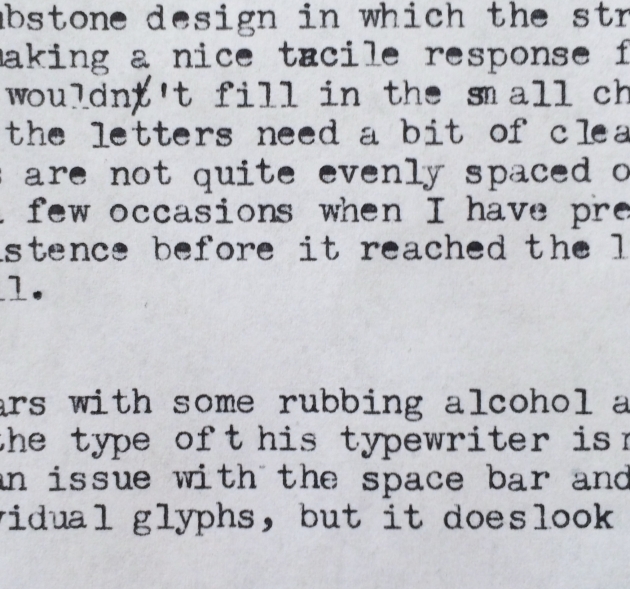 Same typewriter, same paper, same ribbon: wow! What a difference a little rubbing alcohol on an electric toothbrush makes! I slid a folded paper towel under the business ends of the type bars then gave the glyphs a good brushing.