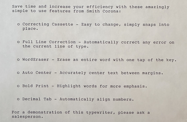 The typewriter automatically types with sales pitch when the keys "code" and "x" are pressed together. The entire list takes about a minute to type.