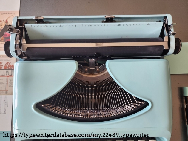 Close up from above of the typewriter hood and typebars/basket.