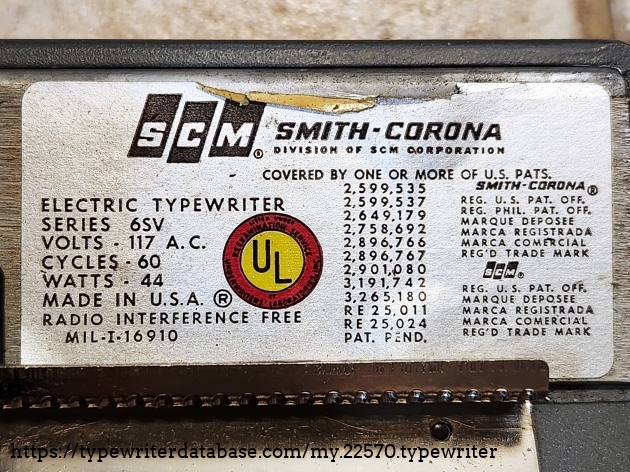 Note "Series 6SV". This typewriter doesn't seem to fall in the listing of units on known existing production records, so it is hard to date. This is as close as I can get and puts it in 1965, but I don't believe they were made for just one year.