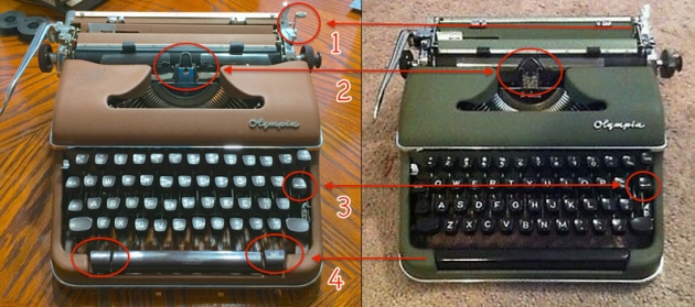 Some differences between an SM3 and an SM4: (1) addition of tab-clear lever; (2) different ribbon holder/vibrator configuration; (3) full-thickness tab key (SM4); (4) tab set control adjacent to spacebar (SM4) vs. a fixed number of discrete tab settings on rear (SM3).